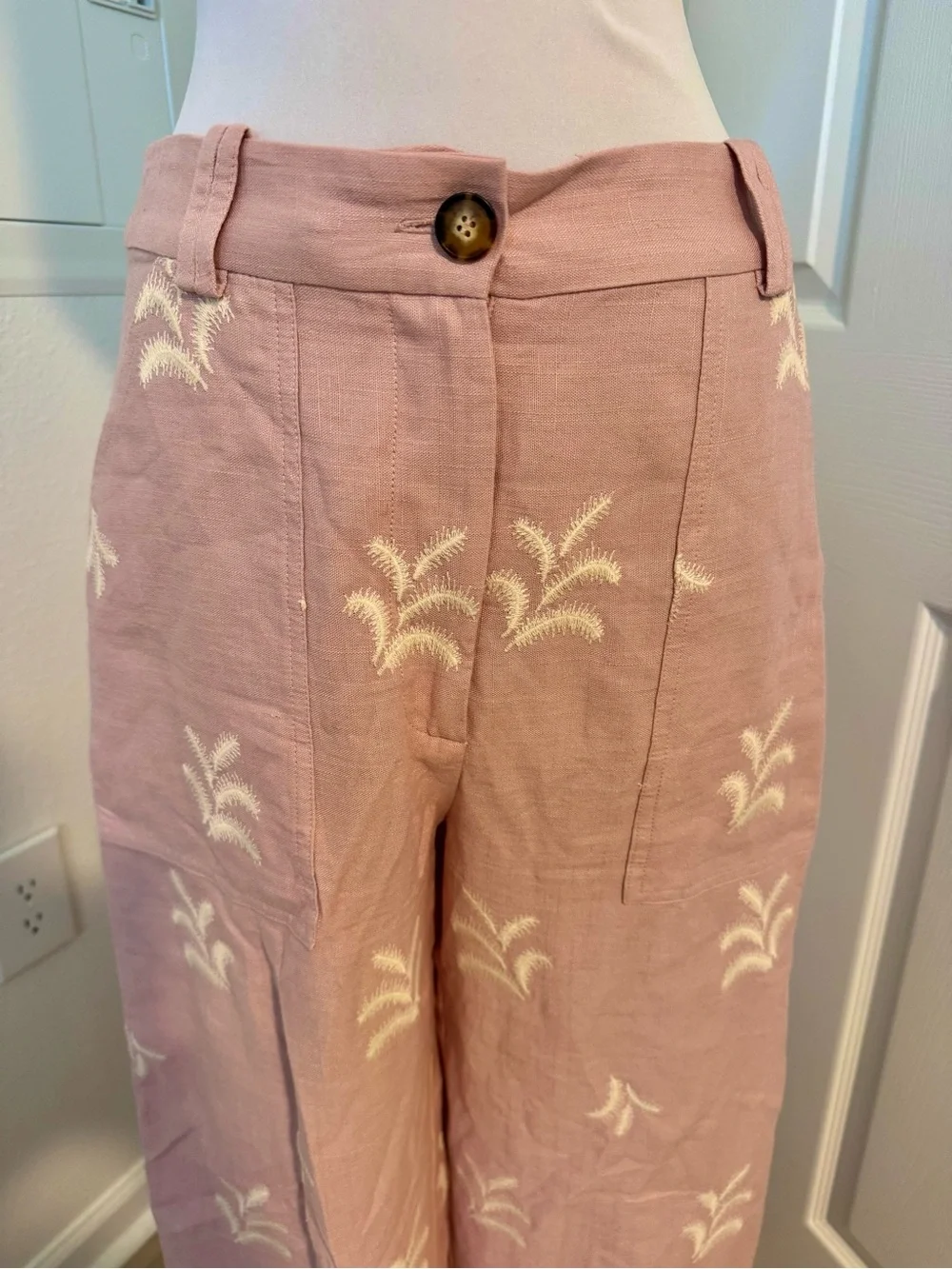 Zara Pink Embroidered Linen Blend Wide Leg Pants – Size M